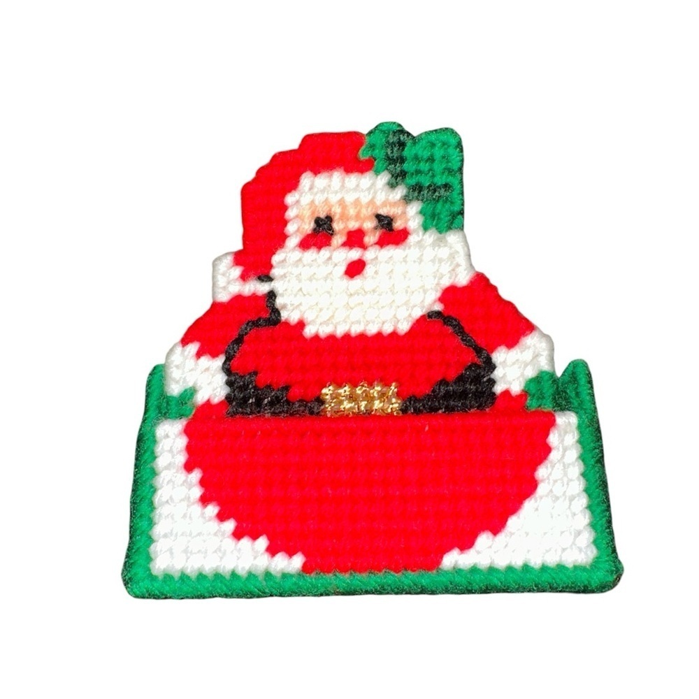 Set of 6 Vintage Handmade Plasticanvas Santa Claus Drink Coasters in Holder - Picture 3 of 3